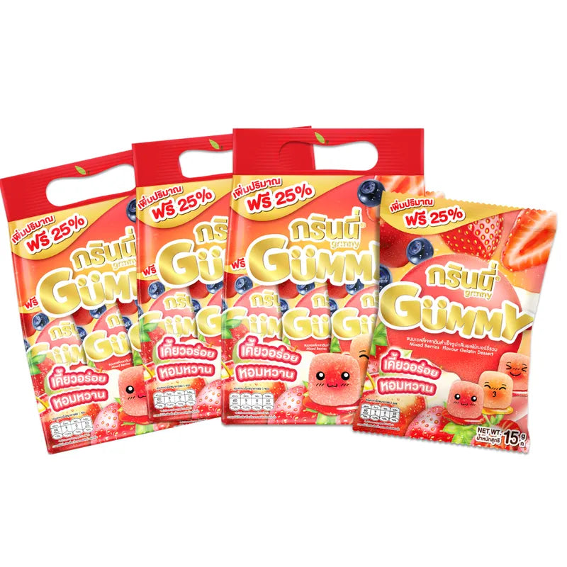 GRINNY Mixed Berries Flavour Gelatin Dessert 15g x3, dry grocery snack with colorful berry flavor and textured gelatin pieces.