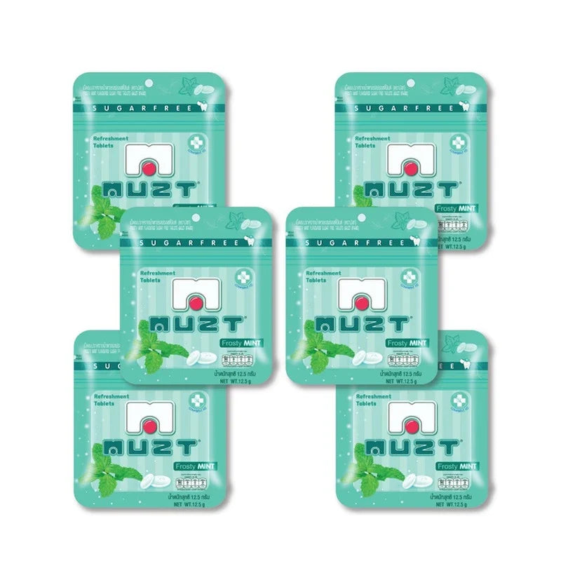Muzt Sugar-free Lozenges Frosty Mint 12.5g, package of 6, in a clear plastic container showing mint-flavored lozenges.