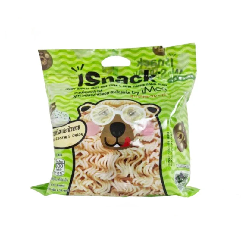 ISNACK Sour Cream and Onion flavor snack packets, dry grocery snack confectionery with vibrant packaging.