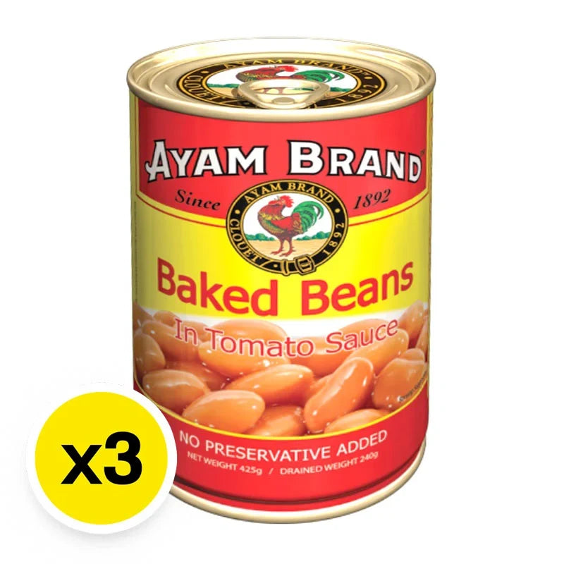 AYAM baked beans in 425g cans, three-pack, dry grocery product with white beans in tomato sauce, packaged together.