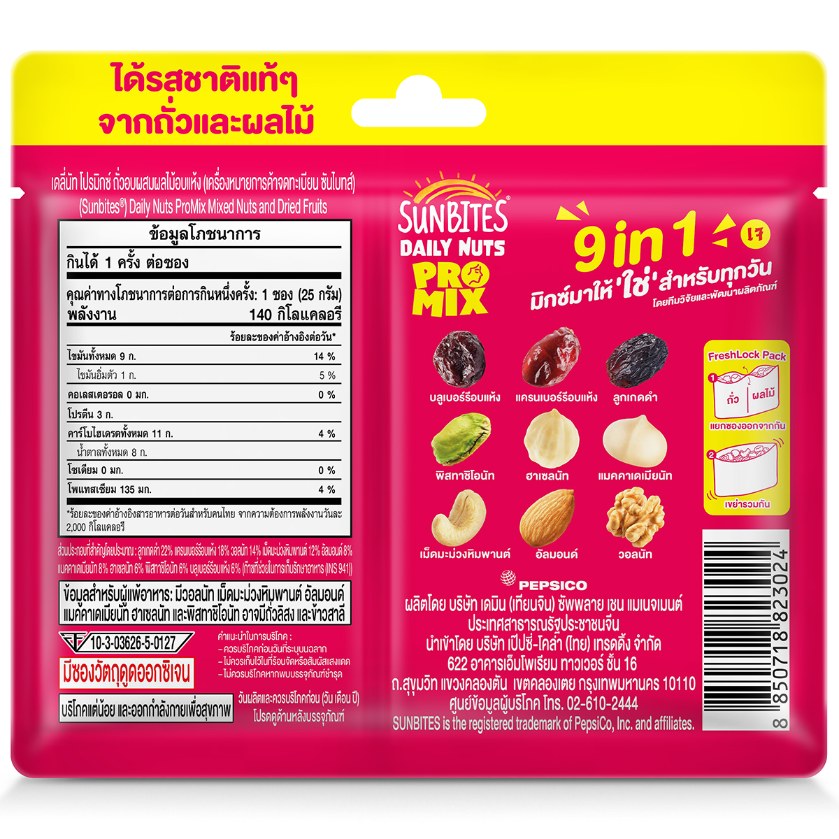 Sunbite Daily Nuts Pro Mix in a bowl, featuring a variety of mixed nuts and confectionery snacks in colorful packaging.