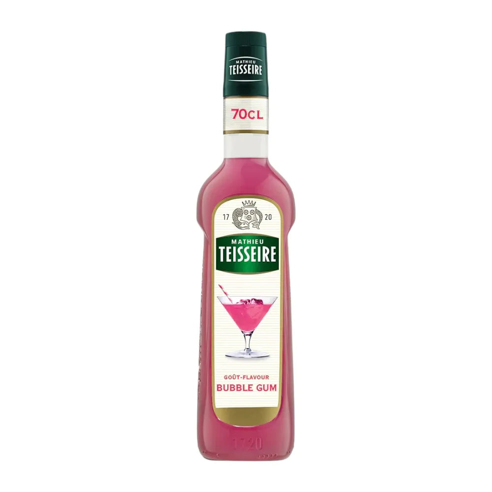 Mathieu Teisseire Bubble Gum Syrup 700ml bottle, colorful label, used for flavoring beverages and desserts in dry grocery.