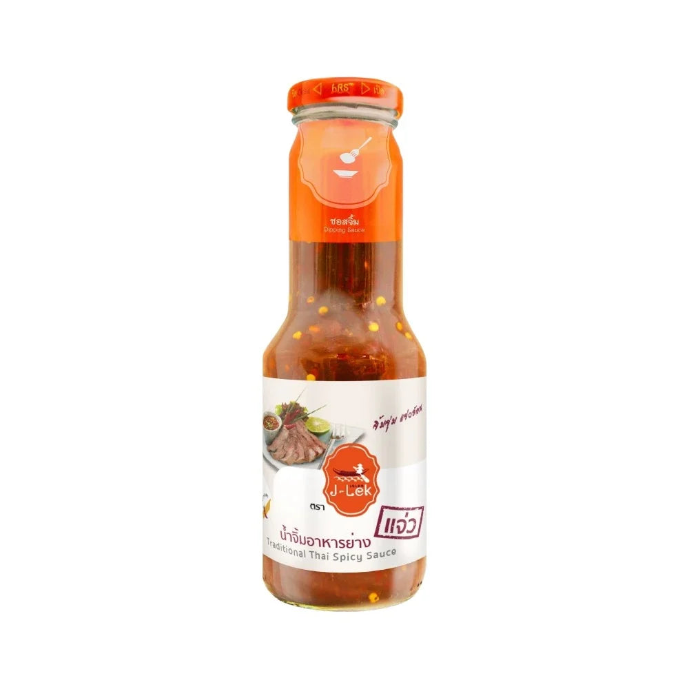 J-LEK Jae Lek grilled food sauce in a glass bottle, 360g, showcasing the label and sauce inside for dry grocery use.