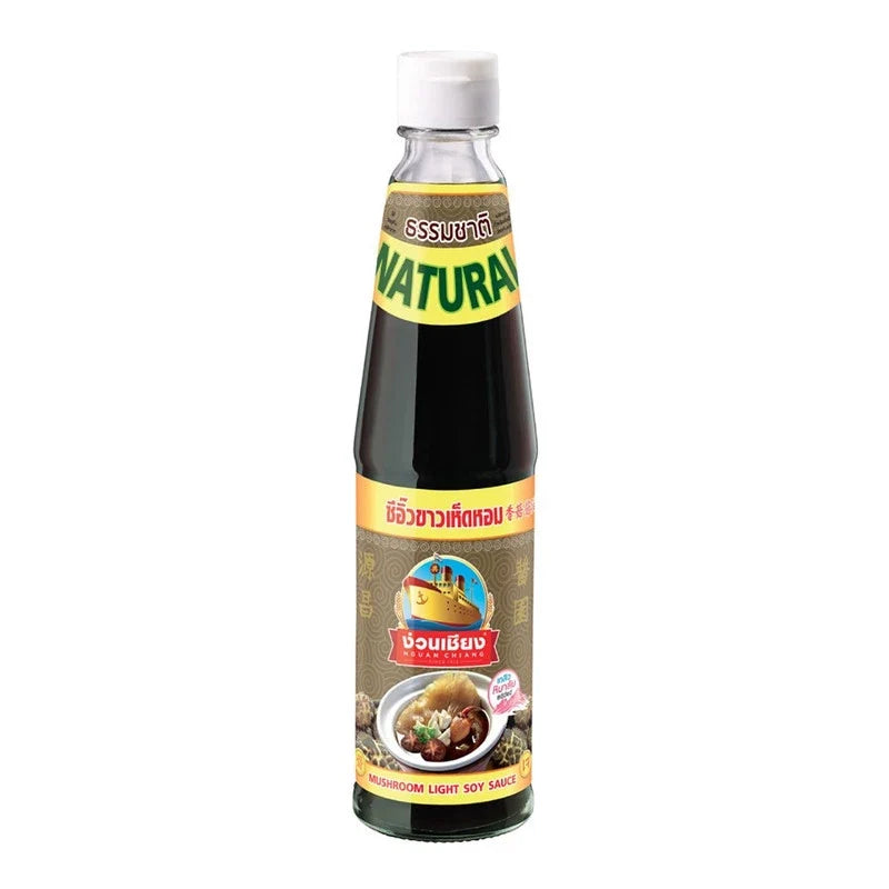 Bottle of Nguan Chiang Mushroom Light Soy Sauce 300ml, a clear container with dark soy sauce in a dry grocery setting