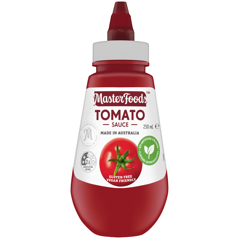 Bottle of Masterfoods Tomato Sauce in a squeezy bottle for easy dispensing, perfect for adding flavor to meals.