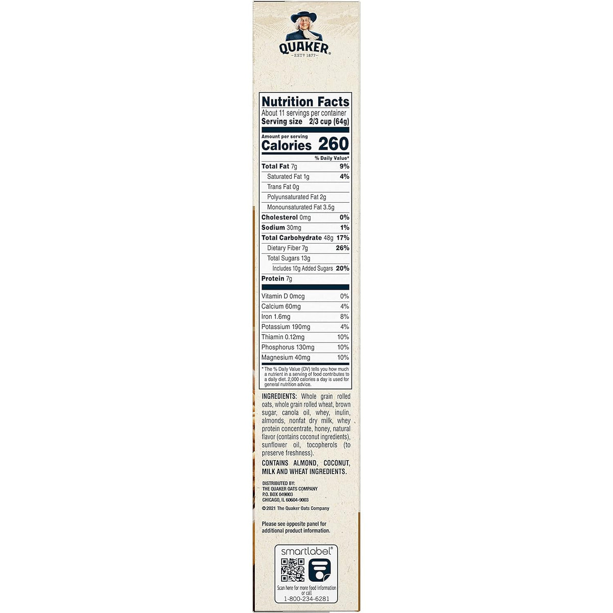 Quaker Simply Granola Honey & Almond flavor in a cereal box, showing the front packaging with honey and almond ingredients.