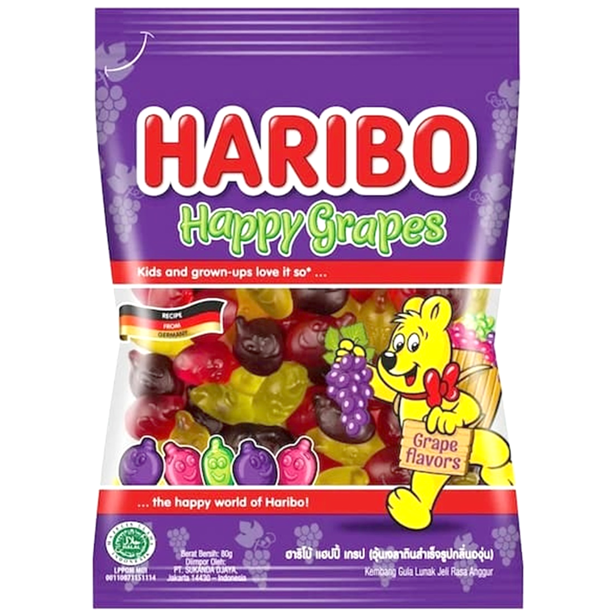 Colorful Haribo Happy Grapes confectionery snacks in vibrant purple and green gummy grape shapes on a white background.