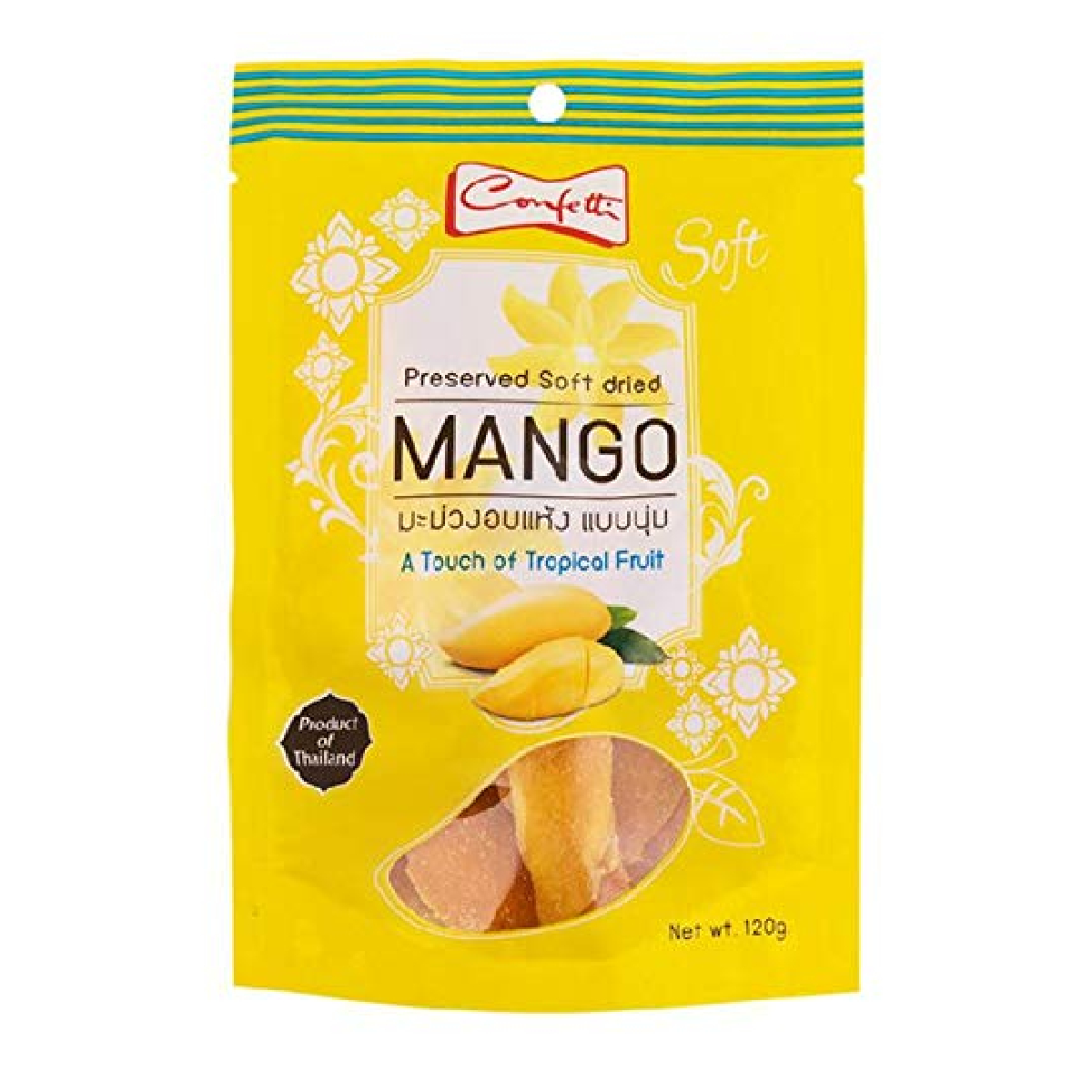 Confetti Soft Dried Mango, a colorful confectionery snack, featuring bright dried mango pieces with a soft texture.