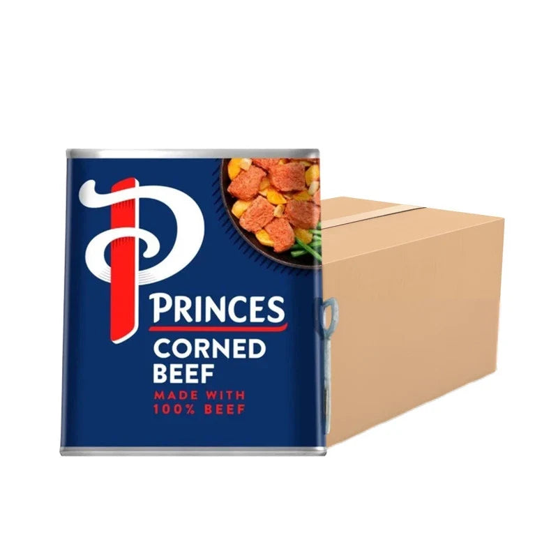 Cans of Princes Corned Beef, 340g each, made with 100% beef, arranged in a row for dry grocery shopping.