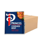 Cans of Princes Corned Beef, 340g each, made with 100% beef, arranged in a row for dry grocery shopping.