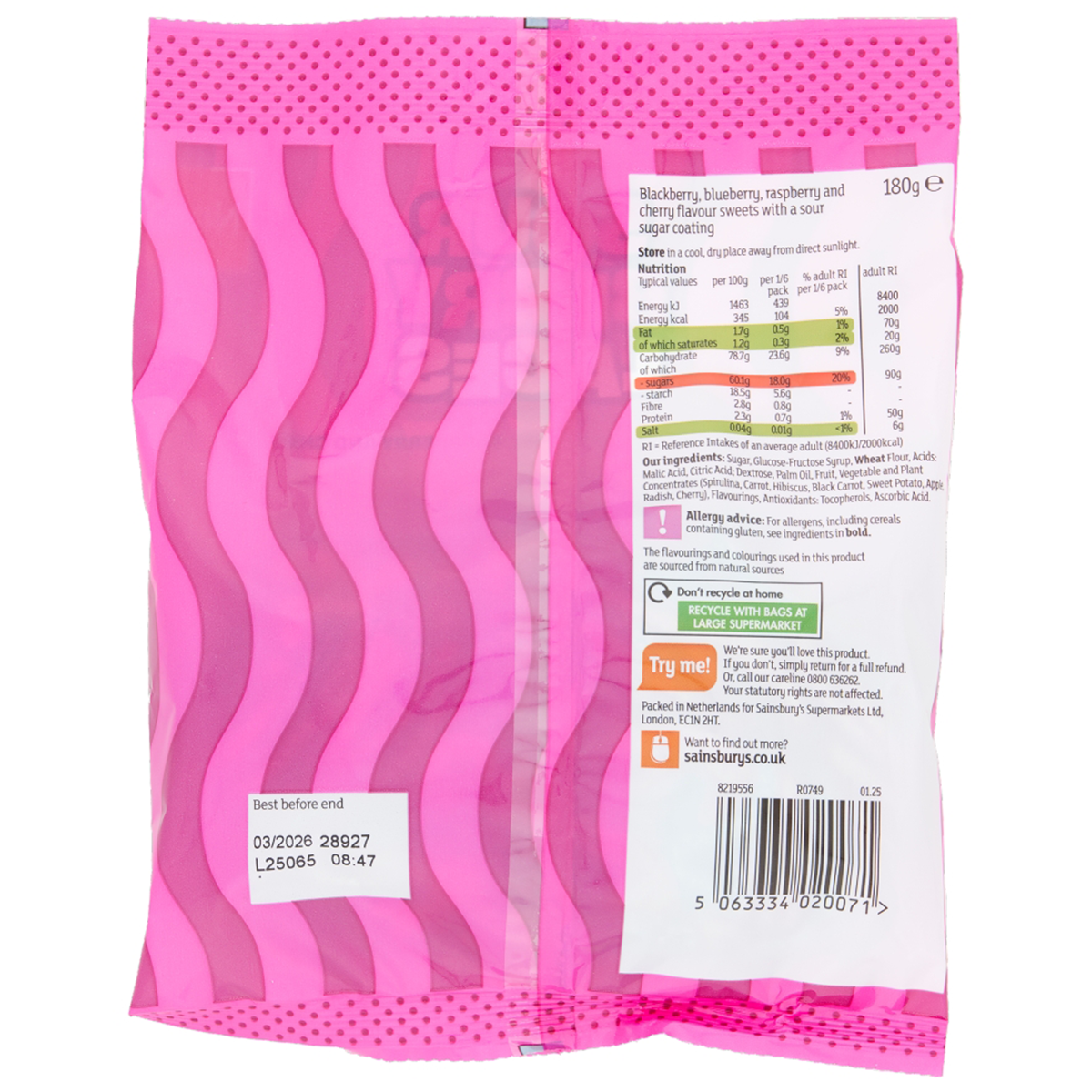 Colorful Sainsbury's Sour Berry Laces confectionery snacks with twisted candy strands in vibrant berry flavors.