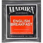 Madura English Breakfast tea bags in a box, ready for brewing, showcasing the classic tea packaging and individual tea bags inside.