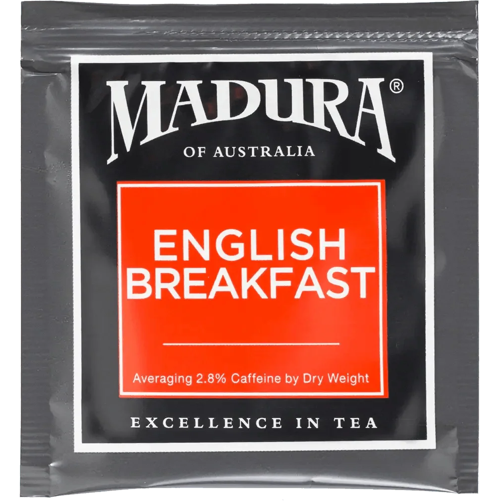 Madura English Breakfast tea bags in a box, ready for brewing, showcasing the classic tea packaging and individual tea bags inside.
