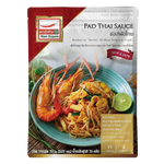 Mae Supen Pad Thai sauce bottle for cooking, featuring a label with Thai-inspired design and product details on a grocery shelf.