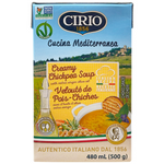 A bowl of Cirio Creamy Chick Peas Soup garnished with herbs, showcasing a smooth, creamy texture and light beige color.