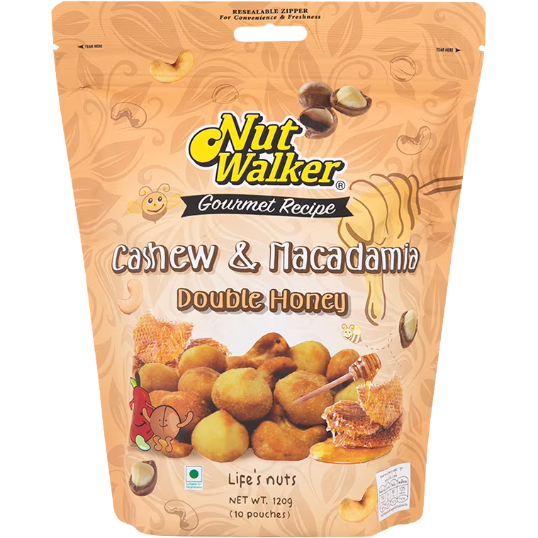 Nut Walker Double Honey Cashew and Macadamia confectionery snack featuring roasted nuts and drizzled honey on a white background.