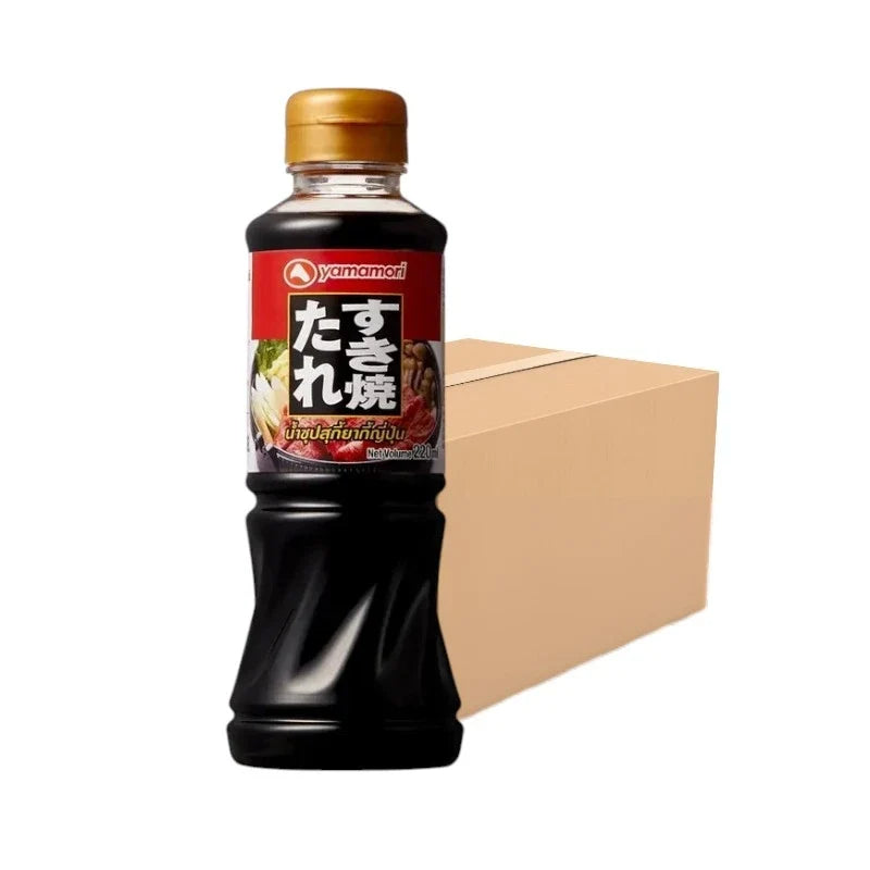 Yamamori Sukiyaki Soup Whole 220ml bottles in a pack of 24, showcasing the bottles with labels and packaging for dry grocery.