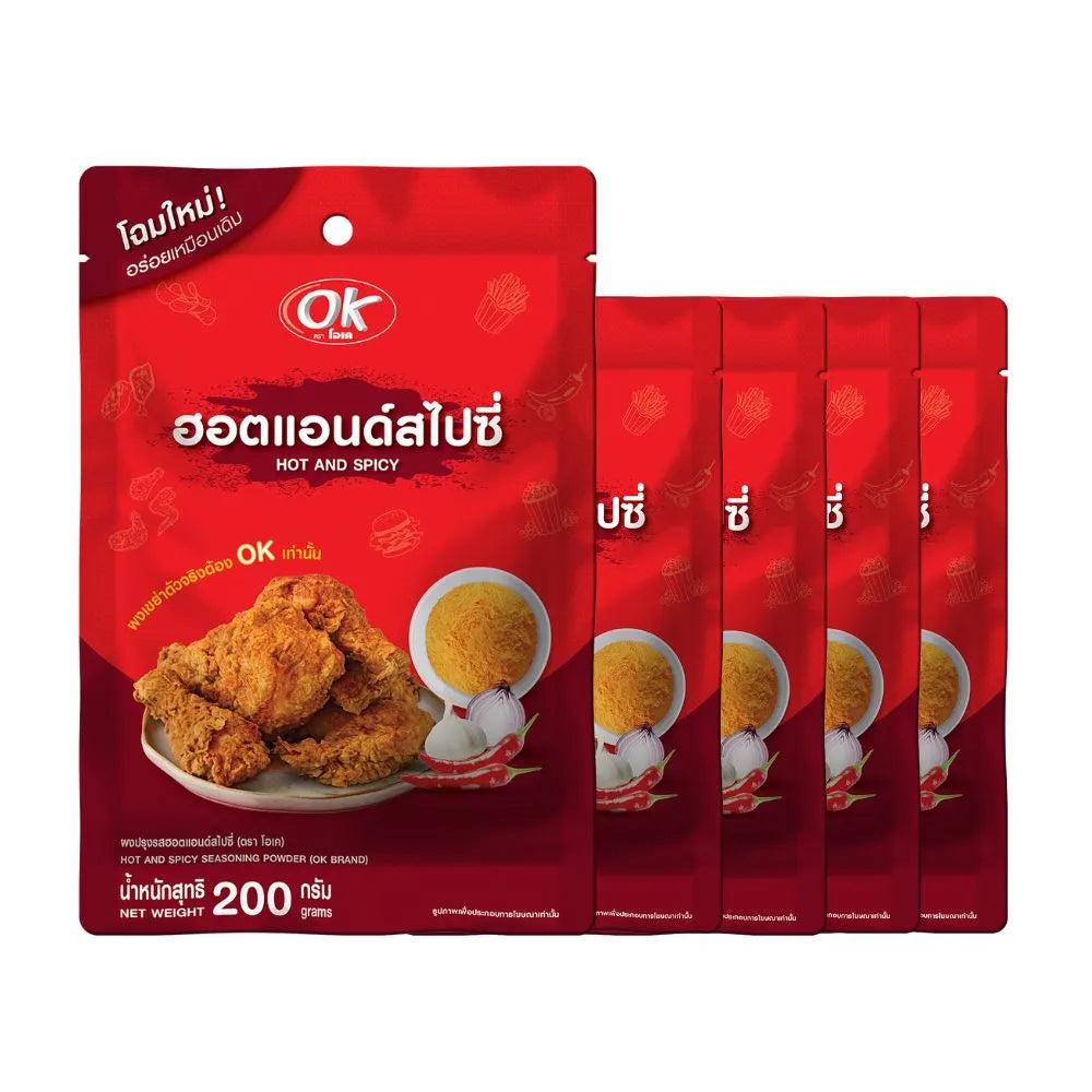OK Shake Powder Hot and Spicy flavor in a 200g package, dry grocery product with a vibrant red and yellow spice blend on the packaging.