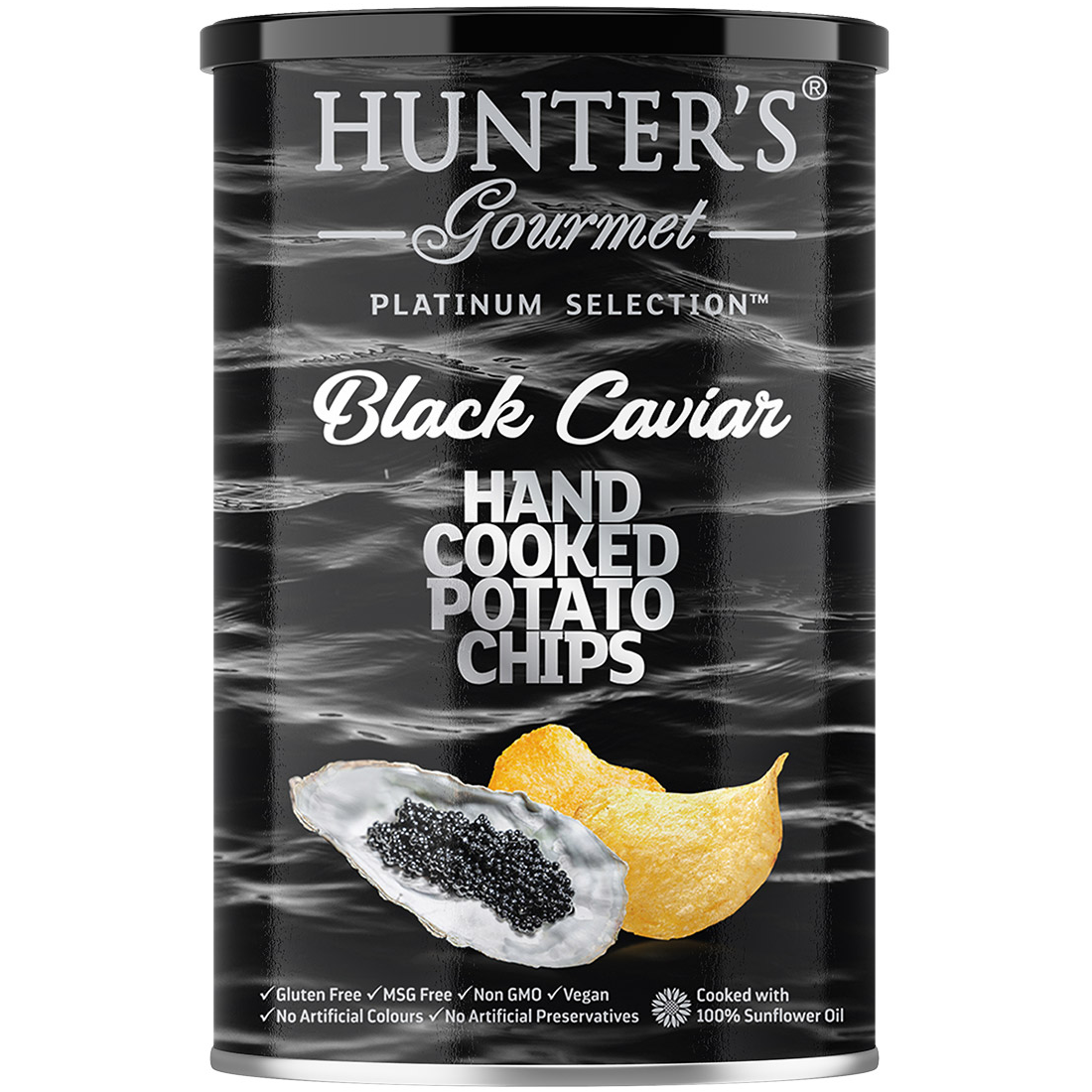 Hunter's Black Caviar Potato Chips, a pack of confectionery snacks with black caviar flavor, showcasing crispy, seasoned potato chips.