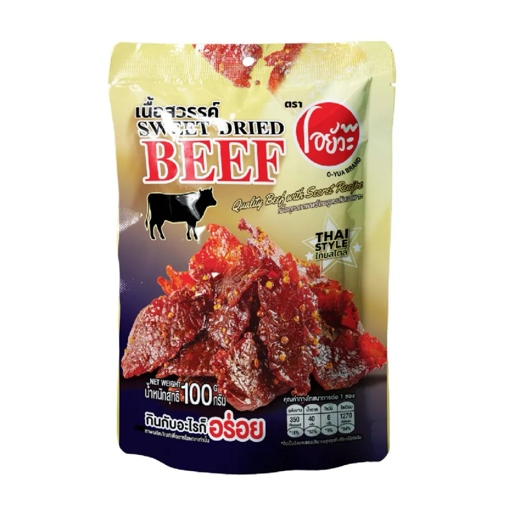 O-YUA Heavenly Beef Sweet Dried Snack, high-quality sweet dried beef confectionery with a secret recipe, shown in close-up.
