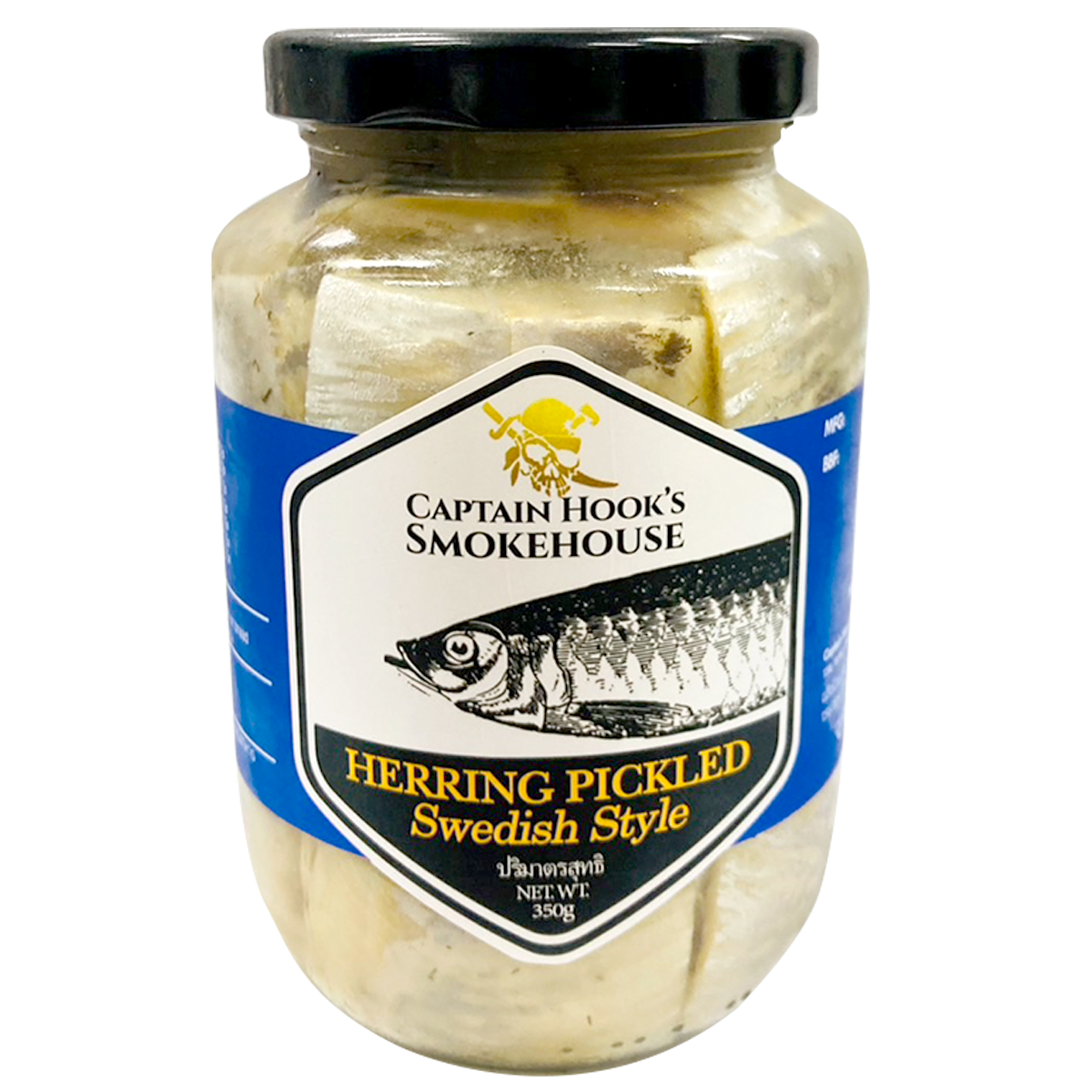 Captain Hook's Pickel Herring Net Swedish in a grocery setting, showcasing fresh pickled herring with net packaging.