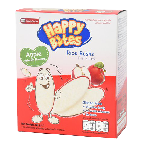 Healthy Namchow Happy Bites Apple snack in colorful packaging, showcasing a crisp apple flavor for kids and adults.