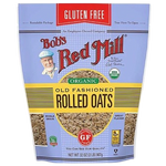 Bob's Red Mill gluten-free organic rolled oats in a resealable grocery bag, showing the product label and oats inside.
