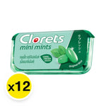 Clorets Mini Mint breath freshening mints in 11.2g packs, 12-count box, from CLORETS, ideal for snacks and confectionery.