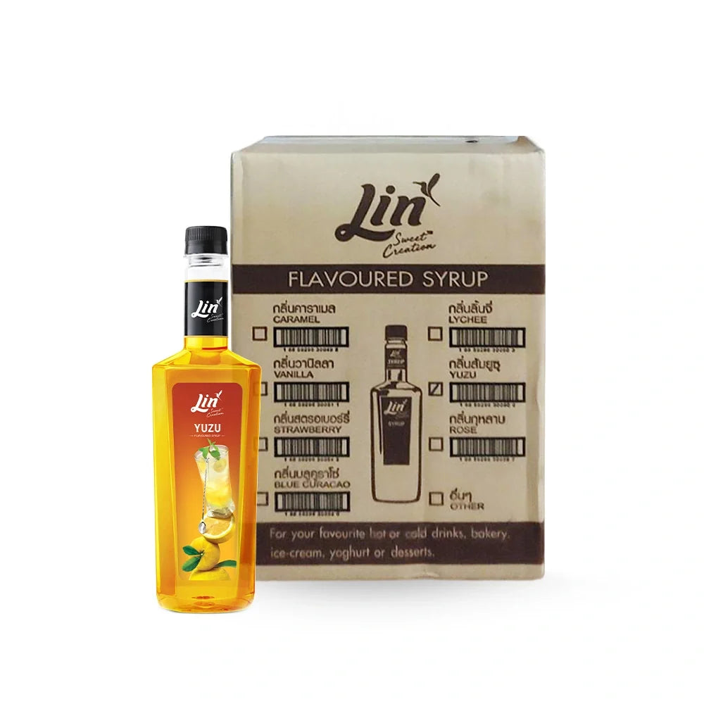 Lin Syrup Yuzu Orange Scent, dry grocery product, featuring a clear bottle with yellow-orange syrup and fresh citrus fruits.