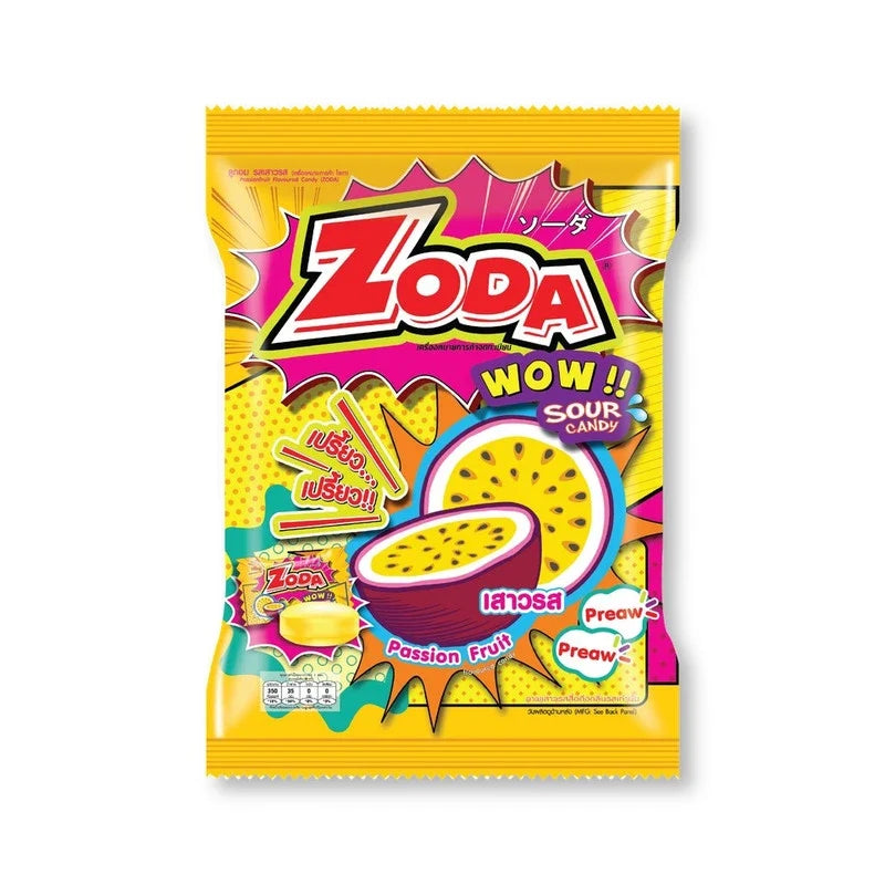 Zoda WOW Sour Candy Passion Fruit snack in 87.5g package, colorful confectionery with tangy passion fruit flavor.