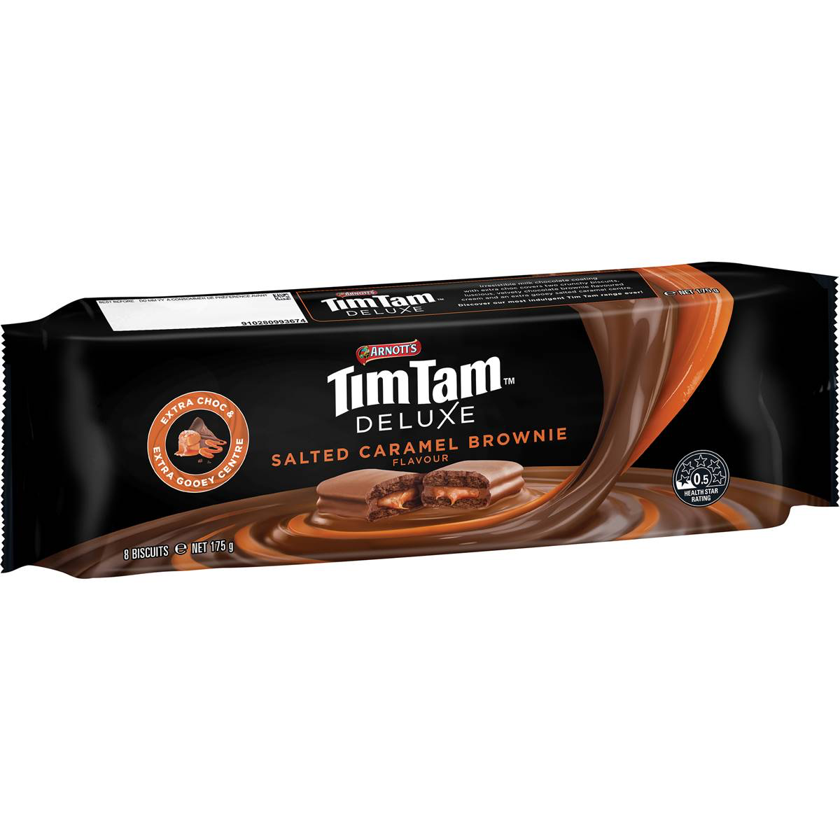 Arnott's Tim Tam Salted Caramel Brownie Choc confectionery snack with chocolate and caramel filling, showing the biscuit and packaging.