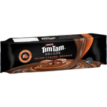 Arnott's Tim Tam Salted Caramel Brownie Choc confectionery snack with chocolate and caramel filling, showing the biscuit and packaging.