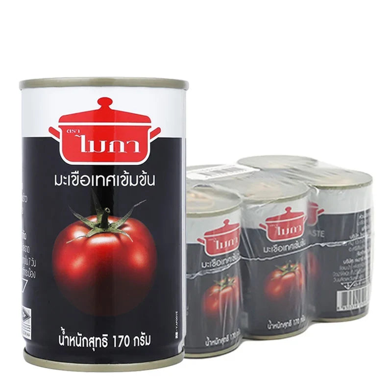 Six cans of MICA Mica Tomato Paste, 170g each, showing the label and packaging of this dry grocery product.