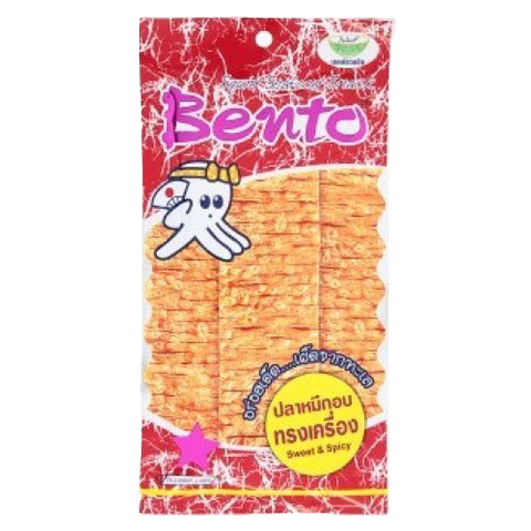Bento Sweet & Spicy confectionery snacks in colorful packaging, showcasing the snack pieces with a sweet and spicy flavor profile.