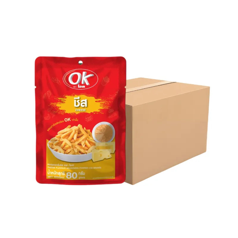 OK Shake Powder Cheese Flavor 80g, dry grocery product, showing a close-up of the cheese-flavored shake powder in packaging.