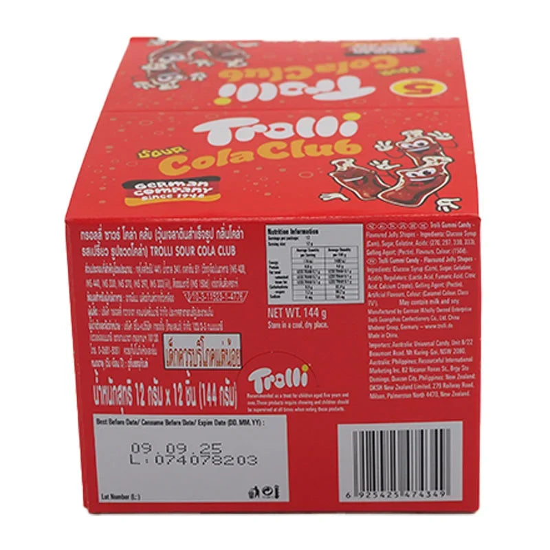 Trolli Sour Cola Club gummy candies in a clear bowl, showing the colorful, chewy snack with sour and cola flavors.