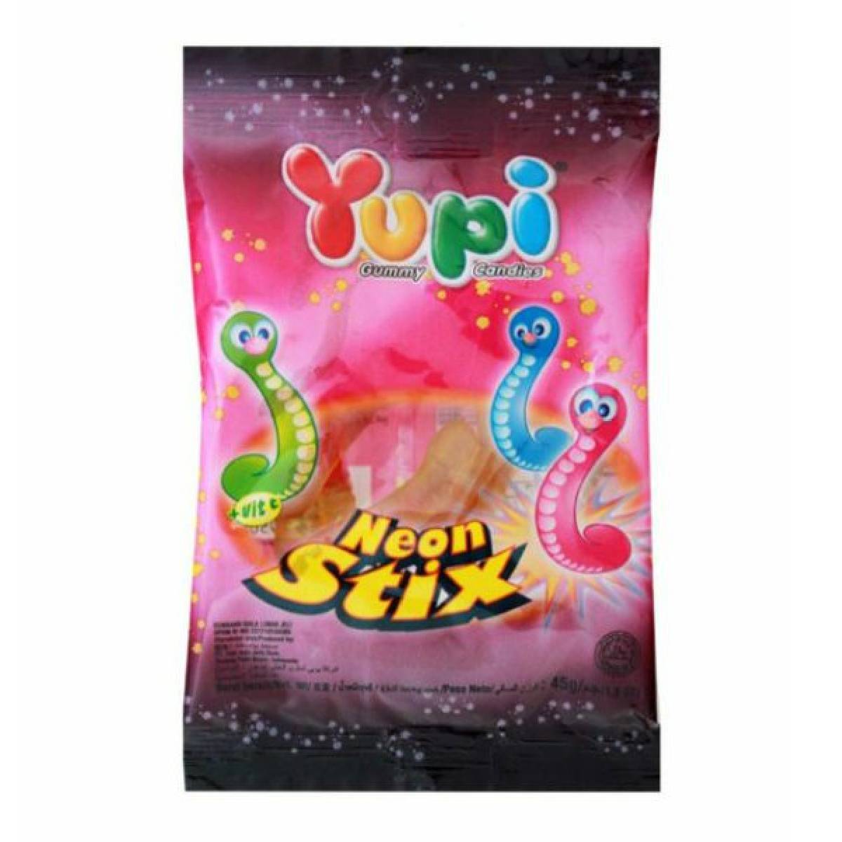 Colorful Yupi Jelly Glo Worms confectionery snacks with bright, glowing worms in assorted colors and flavors.