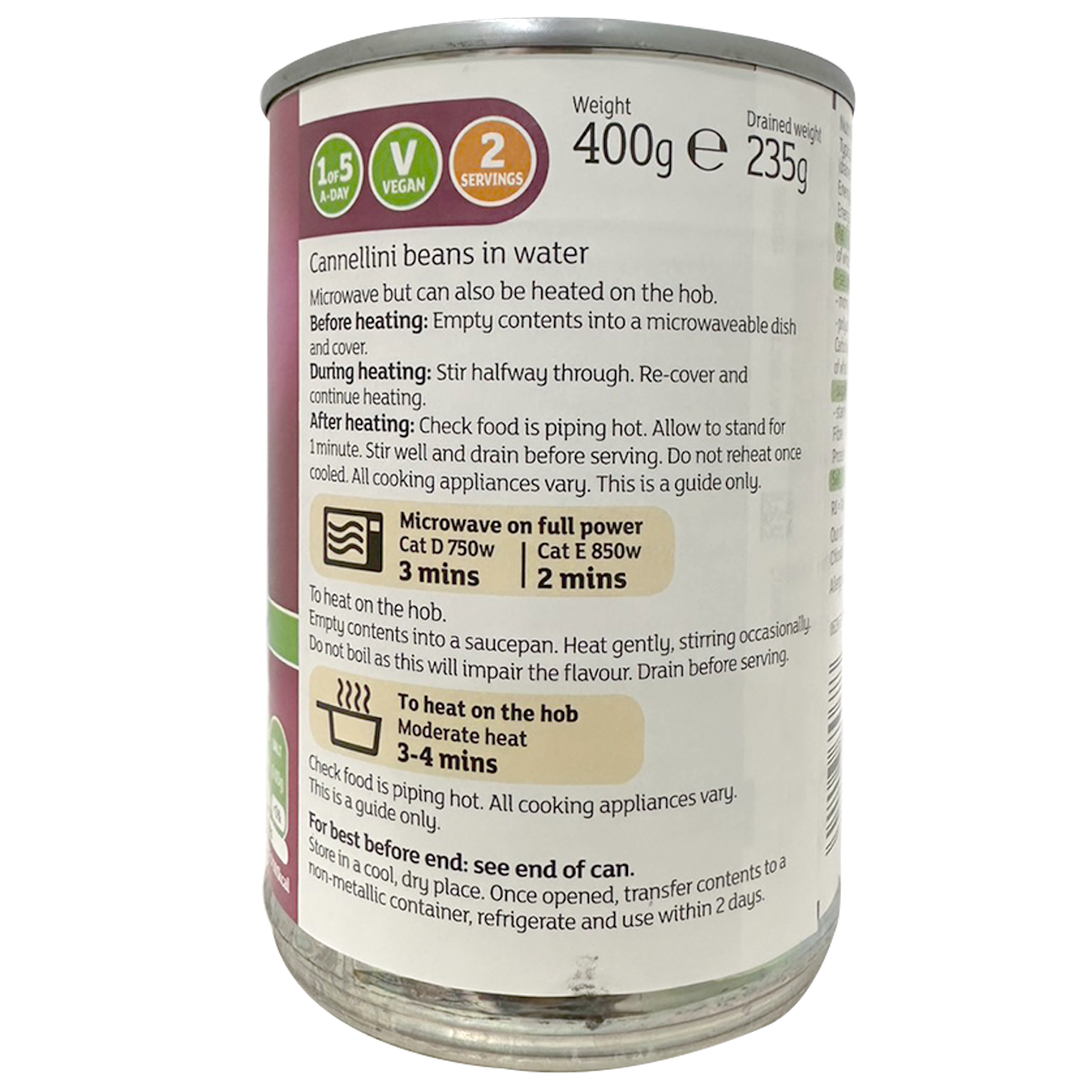Cans of Sainsbury's Cannellini Beans in water, stacked on a shelf, showing the label and brand name.