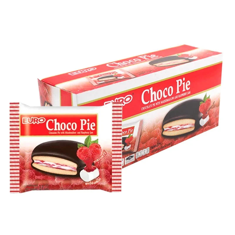 Euro Chocopie Raspberry snack box with 12 individually wrapped 17g confectionery treats featuring raspberry-filled sponge cake.