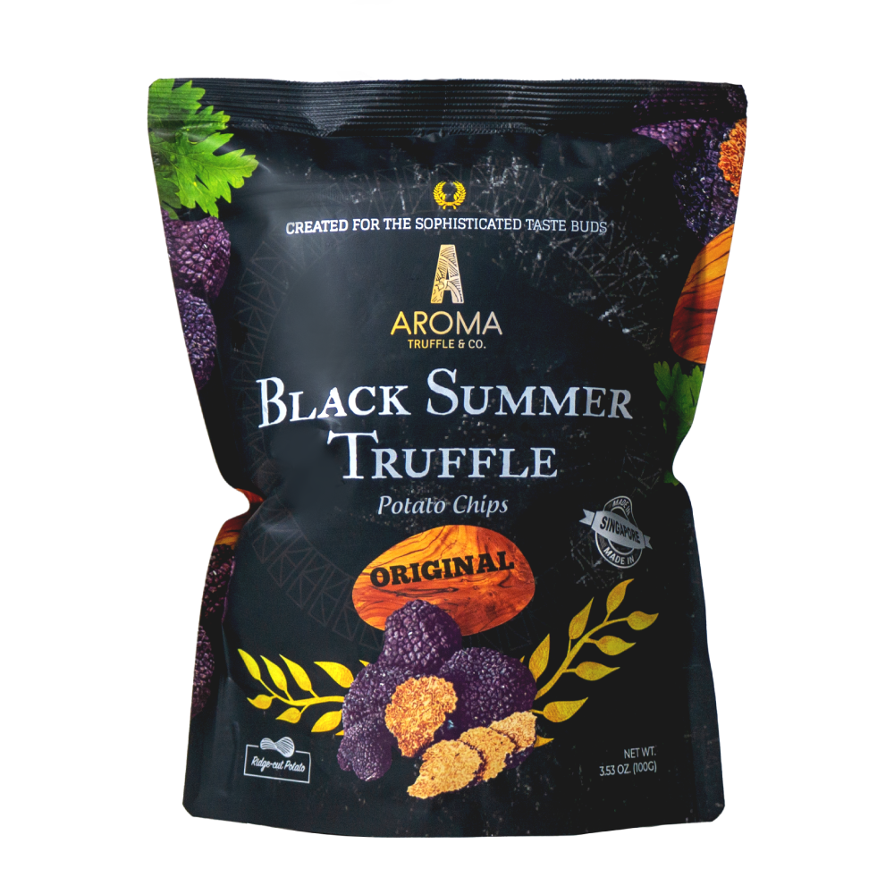 Aroma Truffle Potato Chips in original flavor, crispy confectionery snack with truffle seasoning, shown in a close-up image.