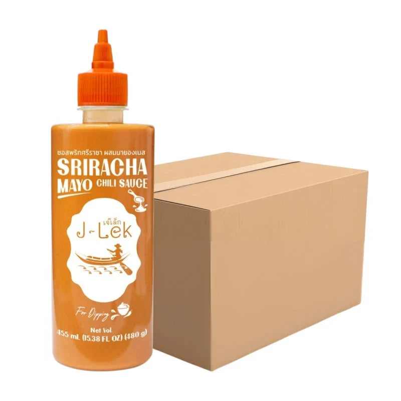 J-LEK Sriracha Chili Sauce and mayonnaise bottles, 240g, in a dry grocery setting, featuring colorful labels on the bottles.