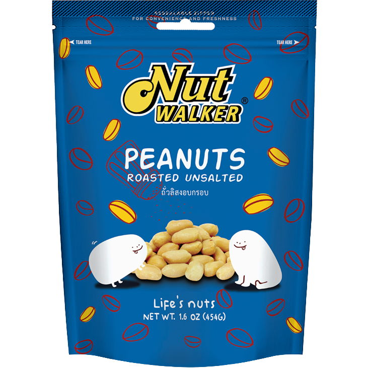 Roasted unsalted peanuts in a Nut Walker confectionery snack package, showcasing the crunchy, natural peanut snack.