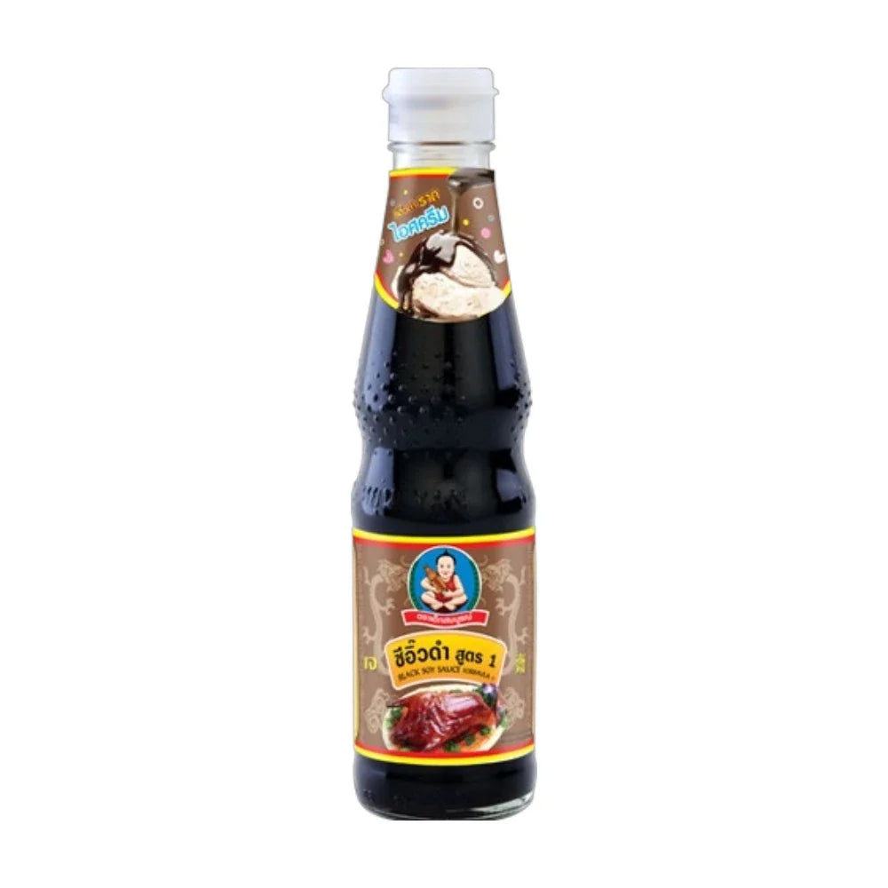 Deksomboon Black Soy Sauce 410g bottle, traditional Asian dry grocery condiment with dark soy sauce in a glass bottle