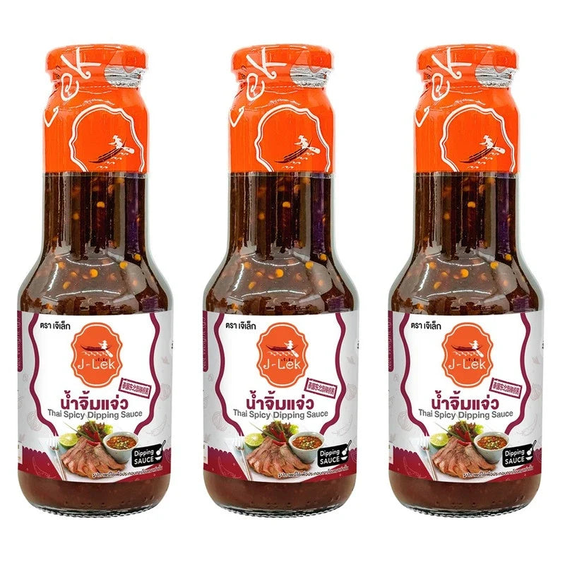 J-LEK Grilled Food Dipping Sauce bottles, 360g, in clear plastic bottles with labels, ready for dipping grilled dishes.