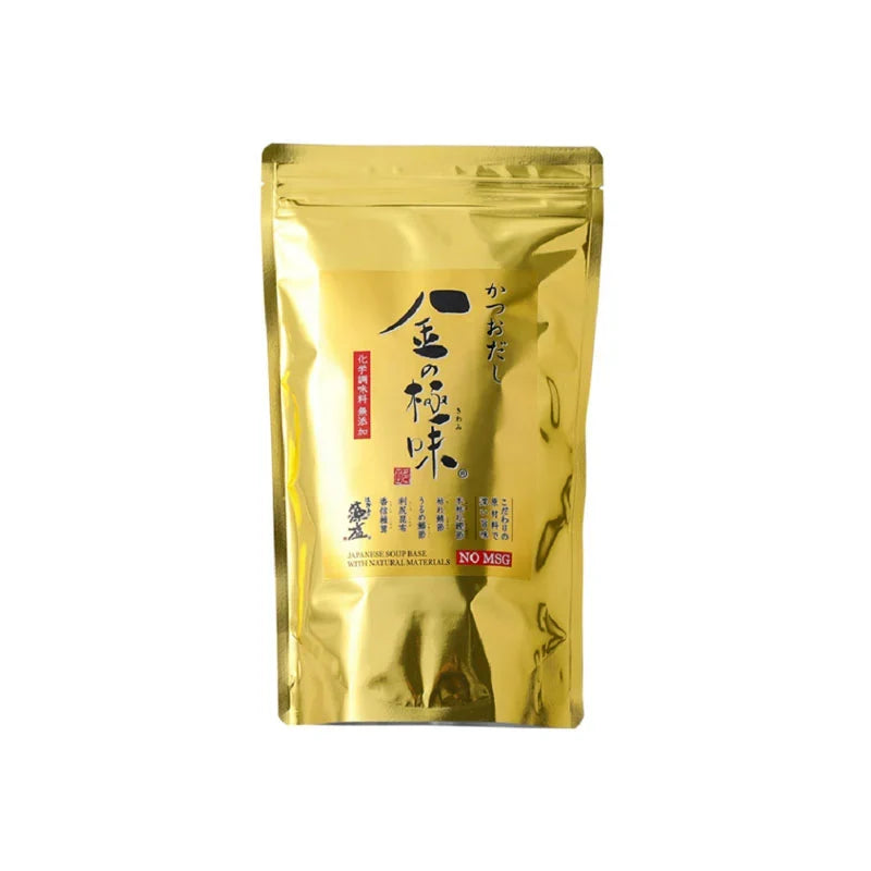 MOSHIO KIN NO Kiwami Bonito Dashi stock tea-bag style with dried bonito flakes, ideal for Japanese cooking and broth preparation.