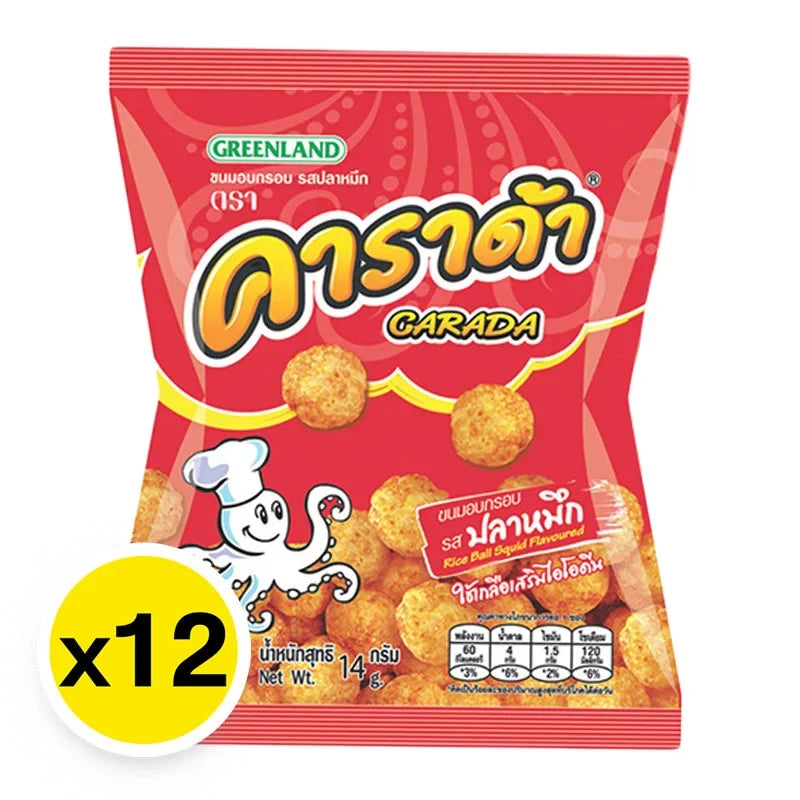 Carada Crispy Snack Squid Flavor 14g pack, crispy dried squid snack from CARADA, ideal for savory snack lovers.