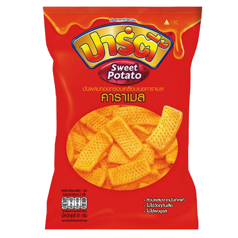 Party Sweet Potato Flavored Snack, a colorful confectionery snack with orange and purple candy pieces on a white background.