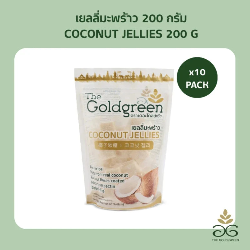 Golden coconut jelly snack by THE GOLDGREEN in a 200g package, featuring shiny, translucent coconut-flavored jellies.