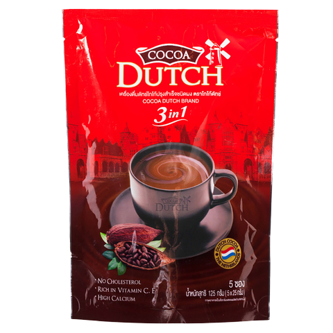 Cocoa Dutch Dutch Cocoa 3-in-1 drink mix in a packet, featuring chocolate powder, creamer, and sugar for hot cocoa.