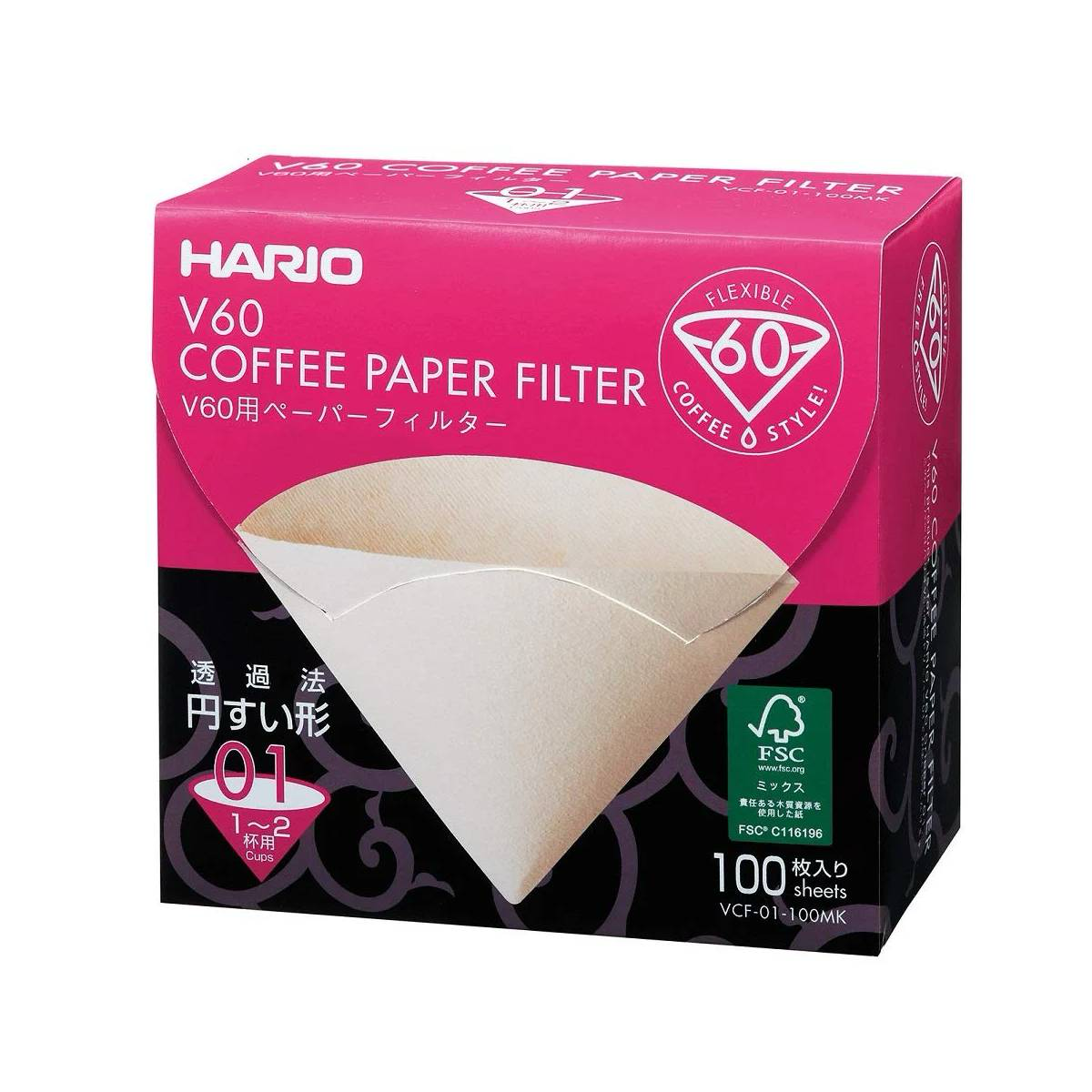 Hario V60 Paper Filter 01 W for pour-over coffee brewing, showing white paper filters stacked and ready for use.